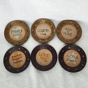Set of 6 Country Living Round Wood Wall Hanging Decor 4" Round